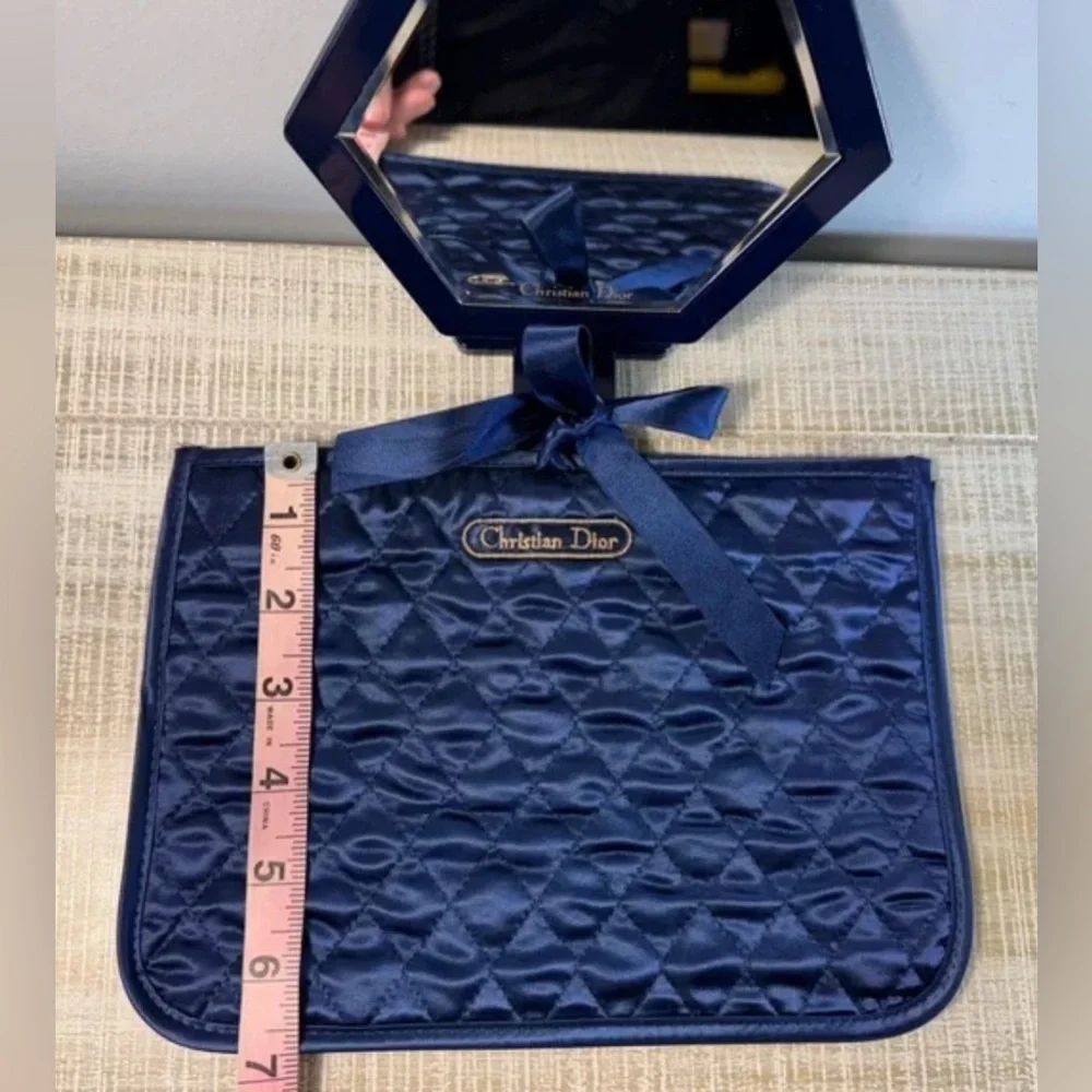 Christian Dior Quilted Makeup Pouch & Mirror Set in Navy Blue AUTHENTIC Like New